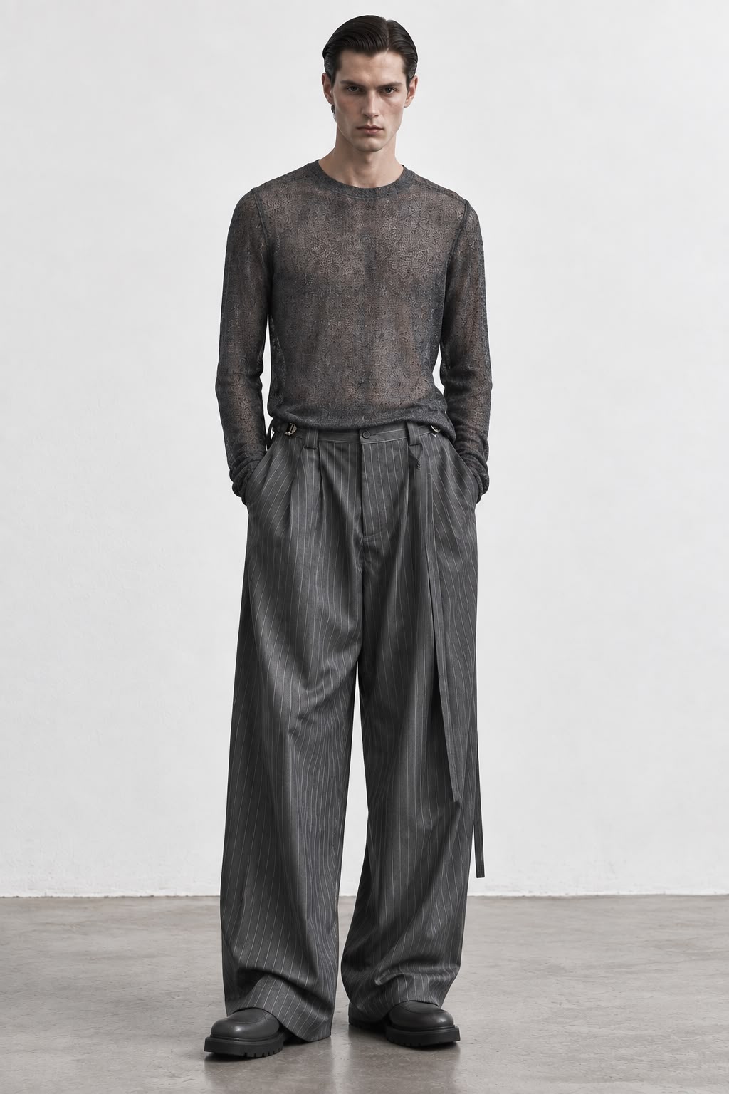 grey pinstripe belted trouser