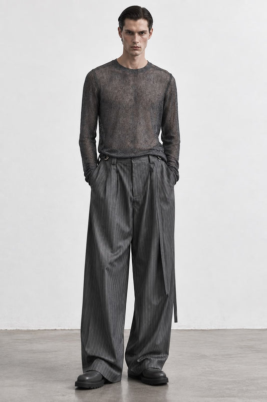 Grey Pinstripe Belted Trouser