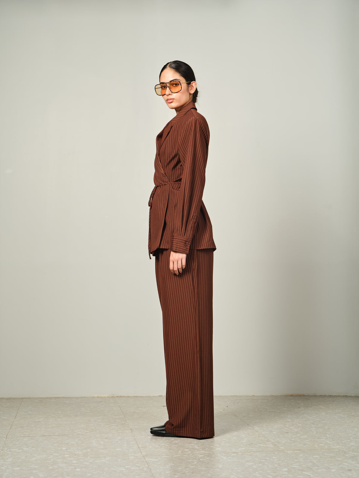 Belted Pinstripe Shacket Set