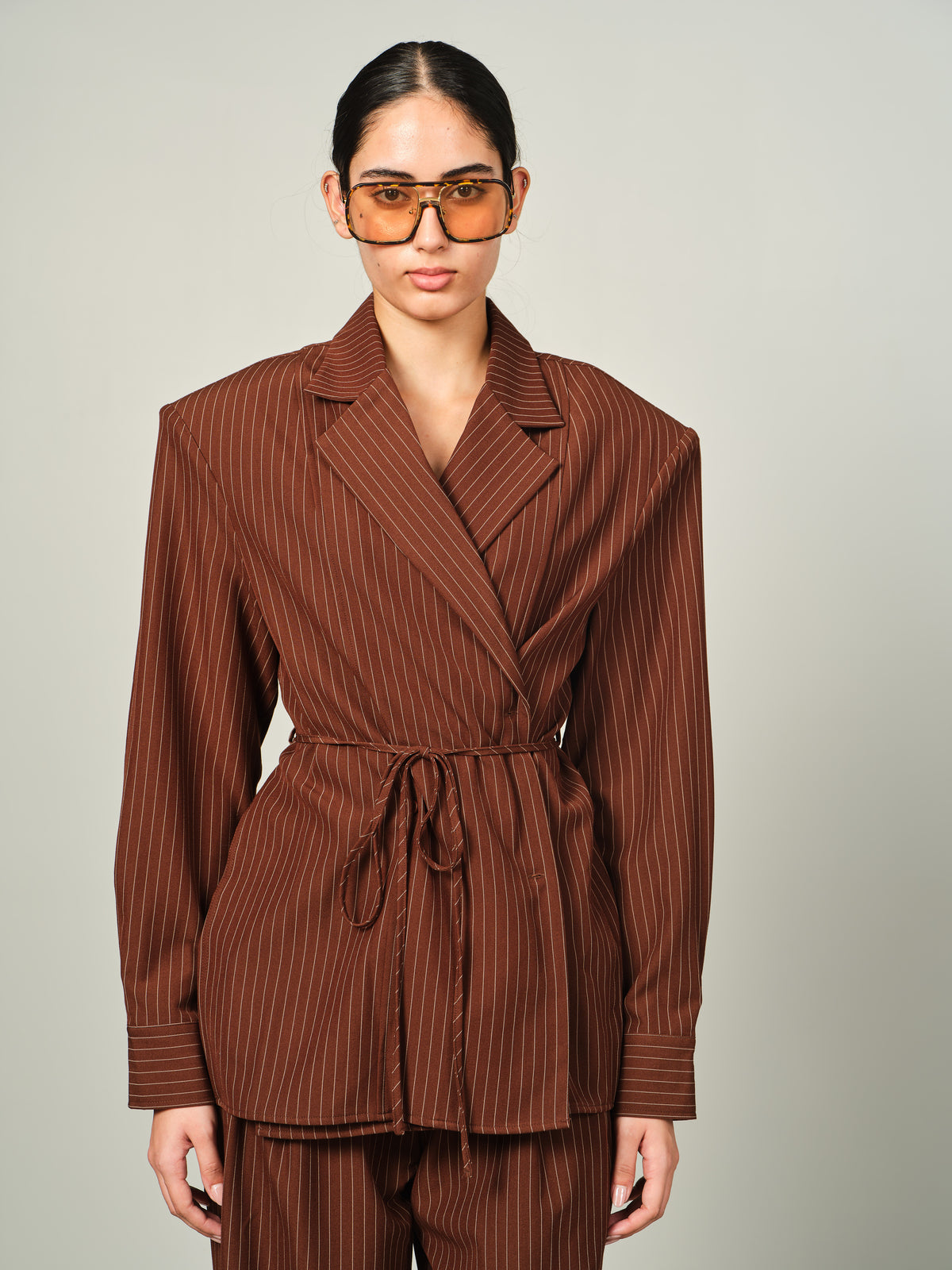 Belted Pinstripe Shacket Set