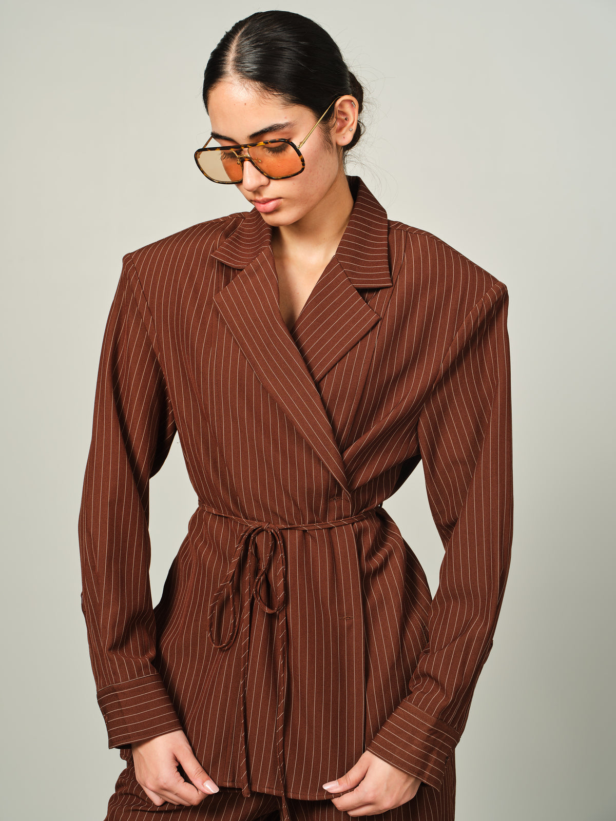 Belted Pinstripe Shacket Set