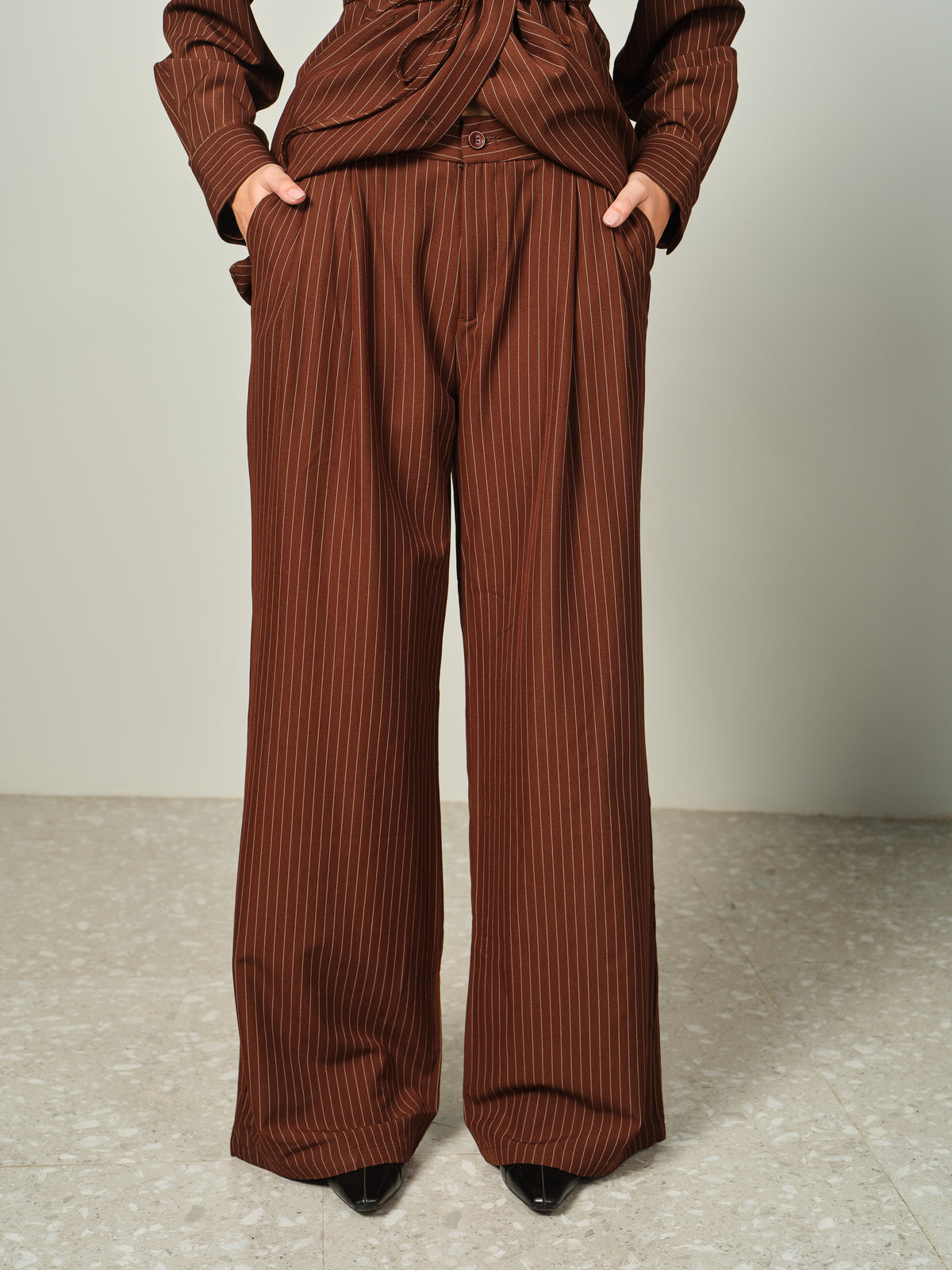 Belted Pinstripe Shacket Set