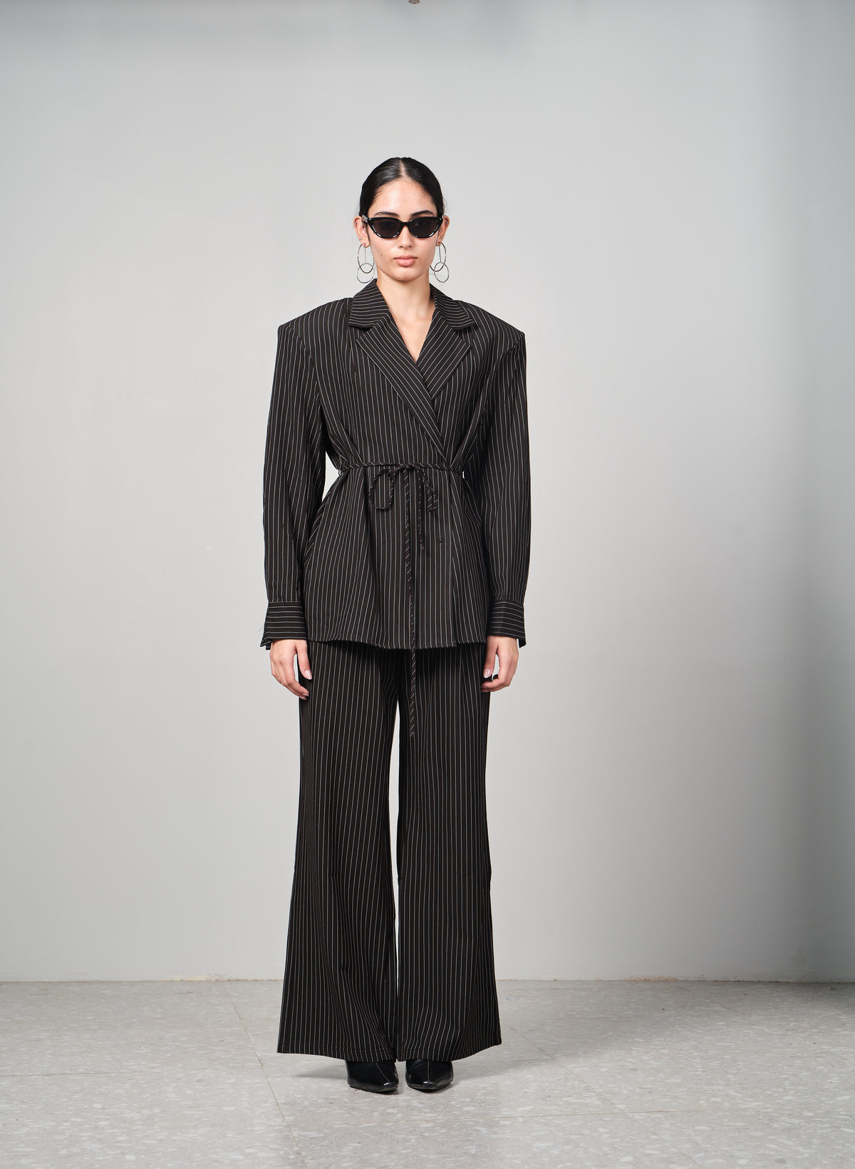 Belted Pinstripe Shacket Set