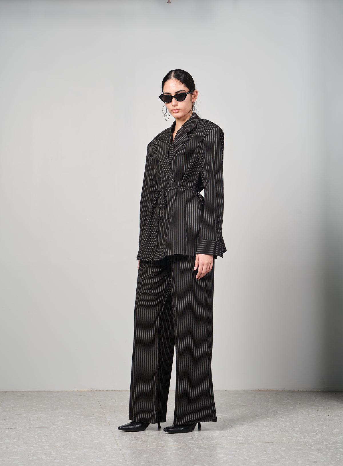 Belted Pinstripe Shacket Set