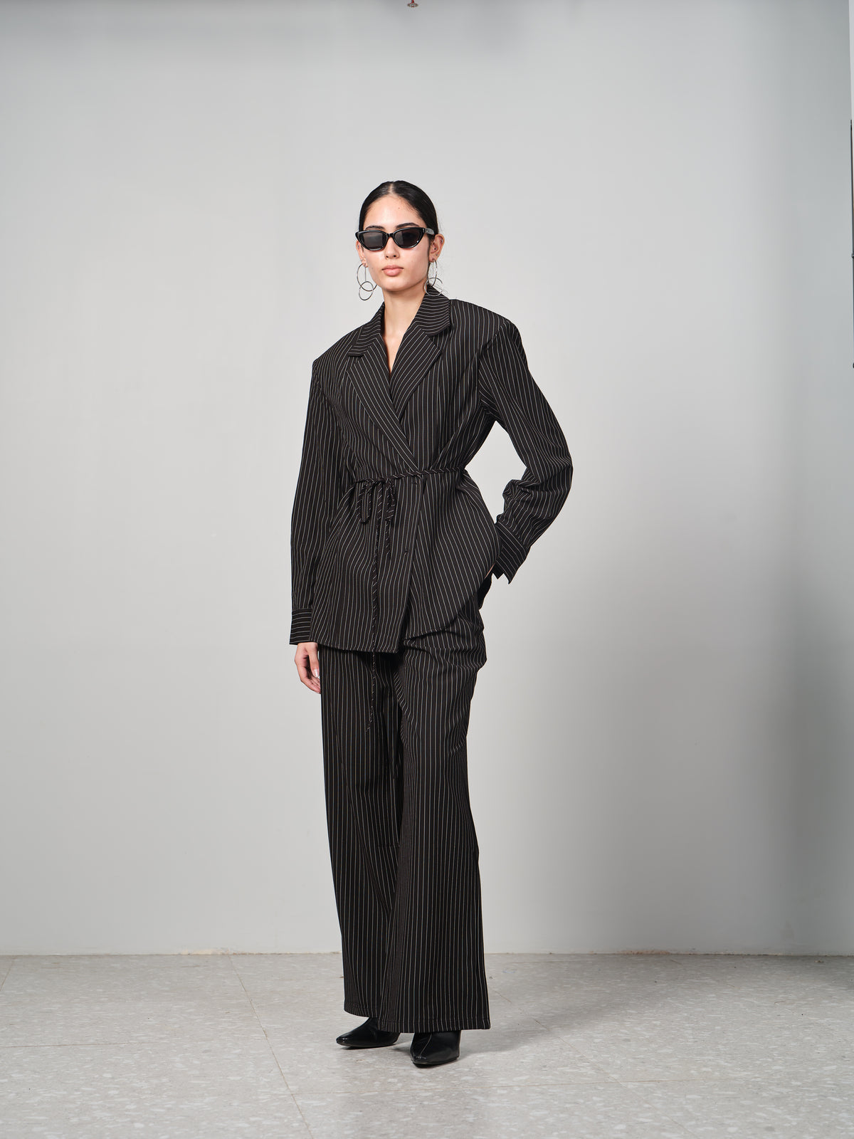 Belted Pinstripe Shacket Set
