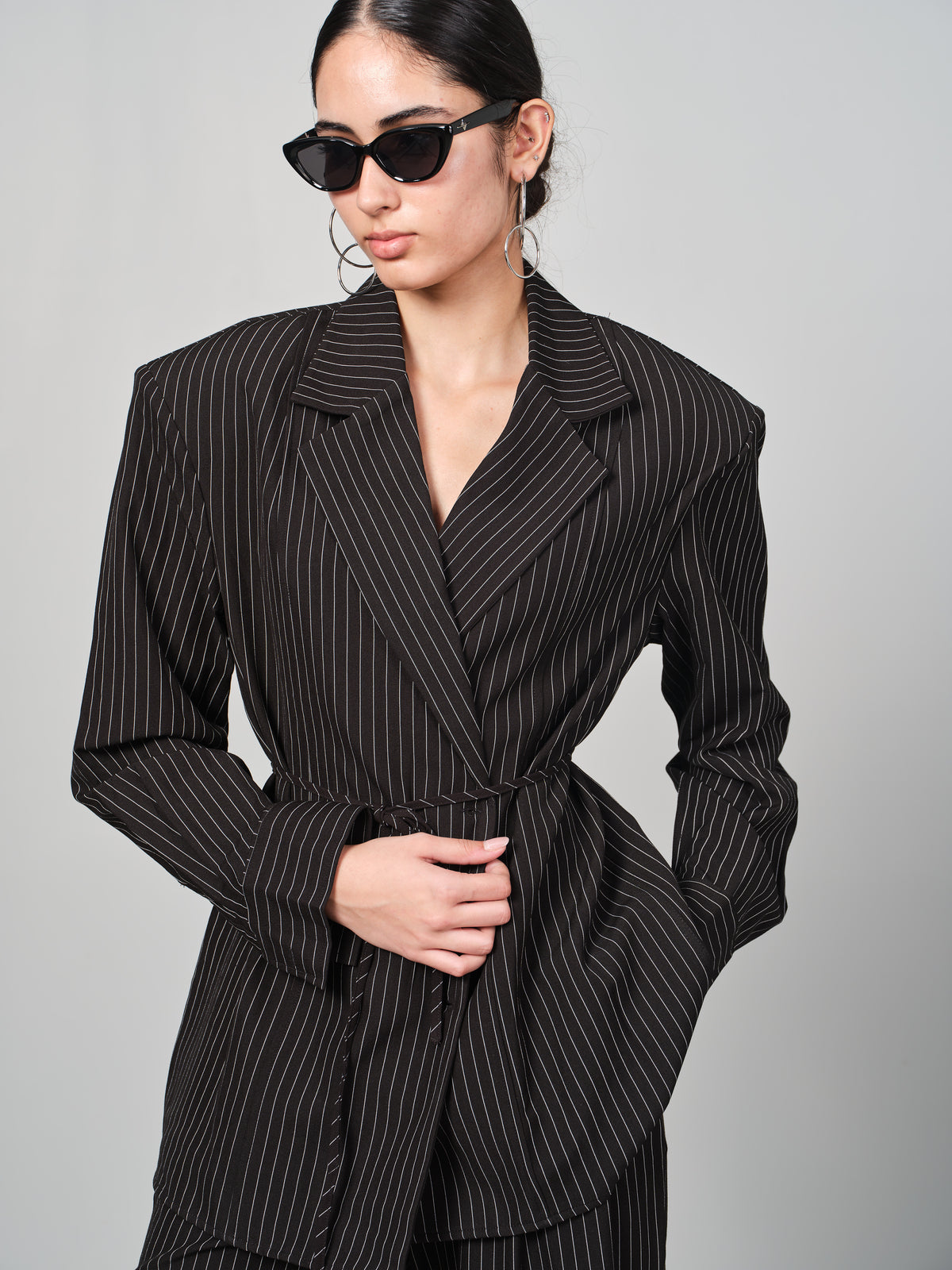 Belted Pinstripe Shacket Set