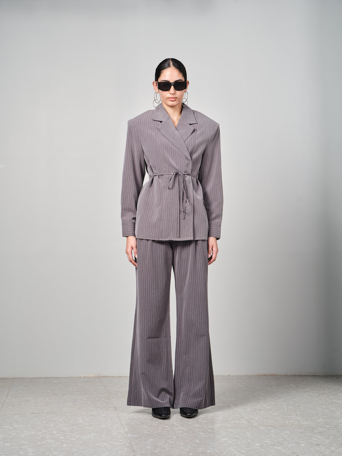 Belted Pinstripe Shacket Set