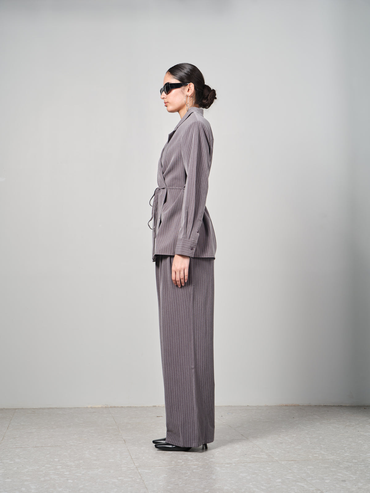 Belted Pinstripe Shacket Set