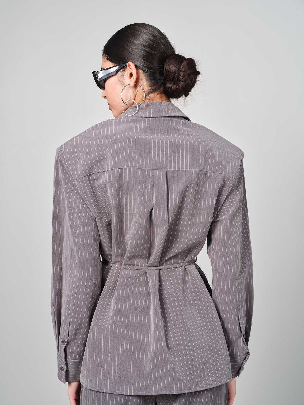 Belted Pinstripe Shacket Set