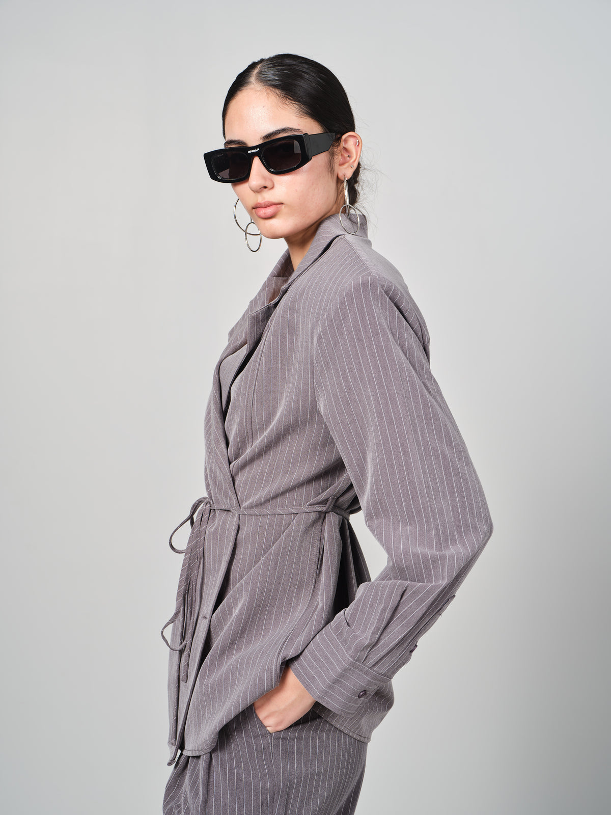 Belted Pinstripe Shacket Set