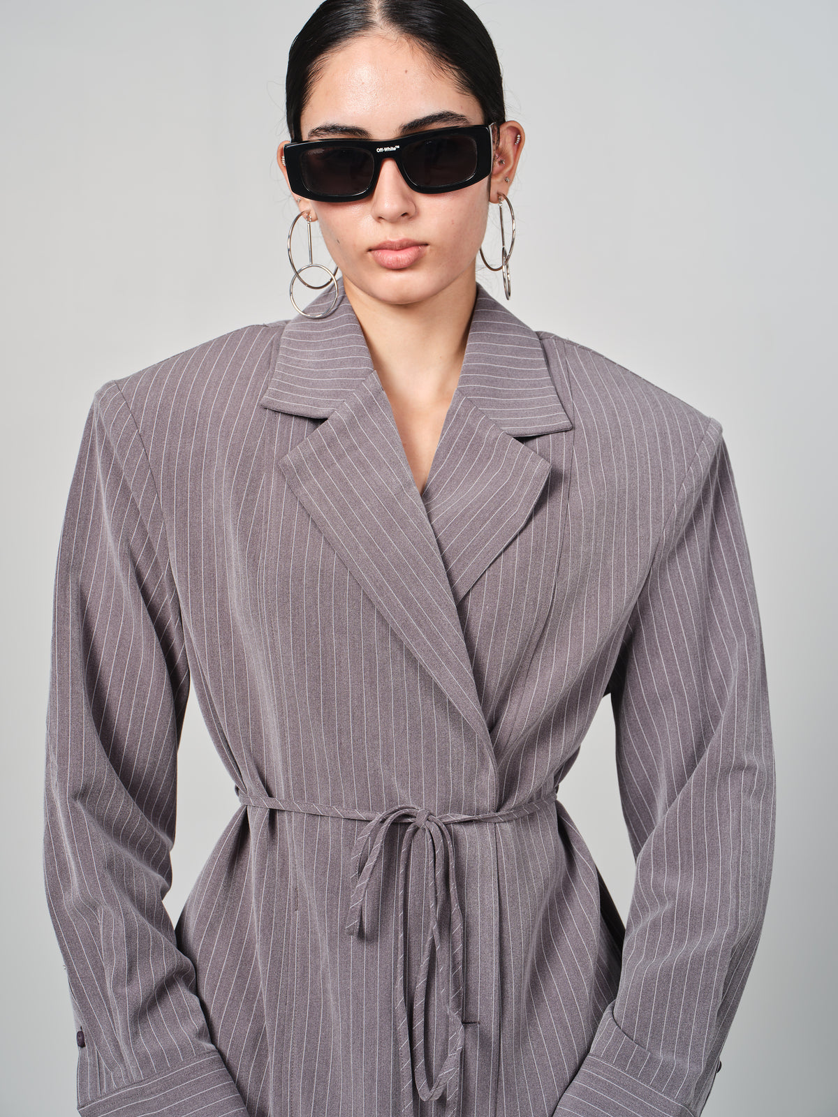 Belted Pinstripe Shacket Set
