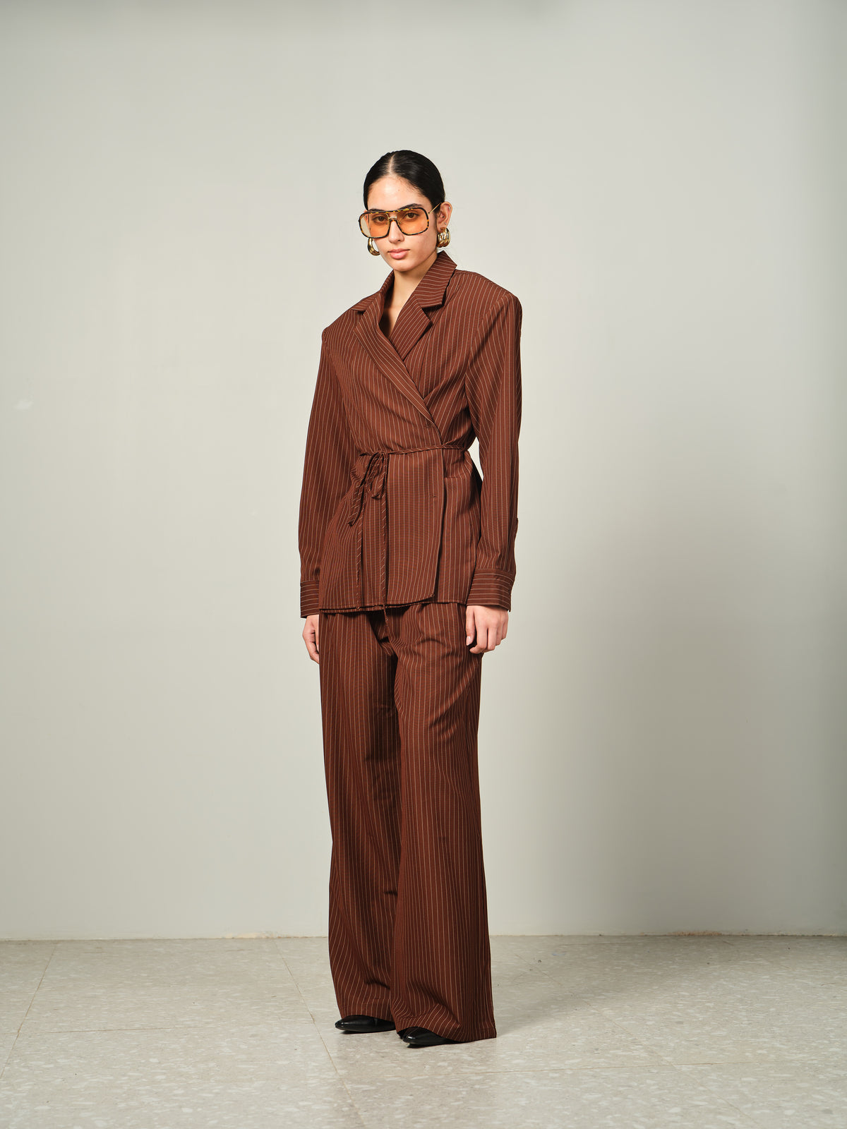 Belted Pinstripe Shacket Set
