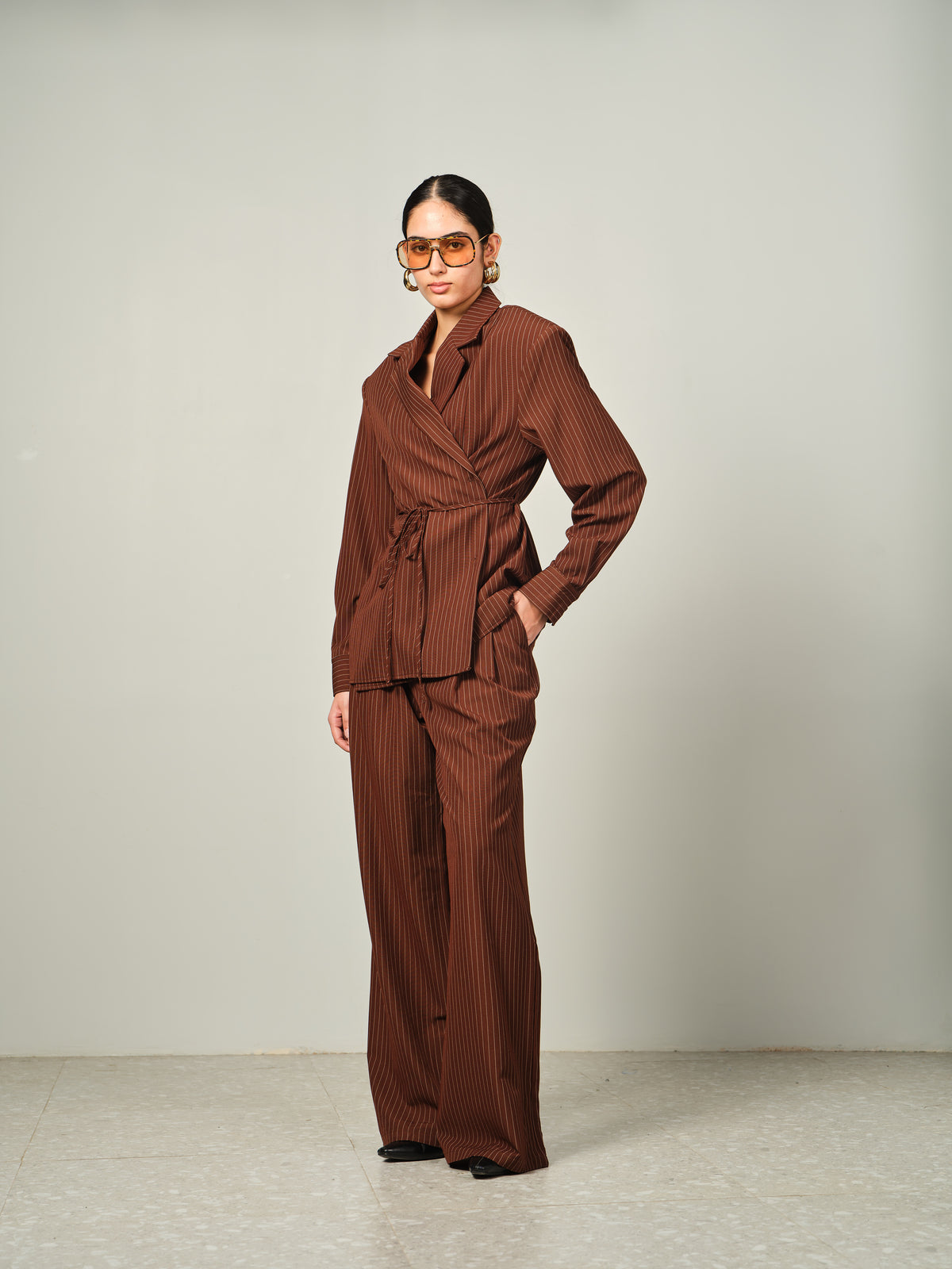 Belted Pinstripe Shacket Set